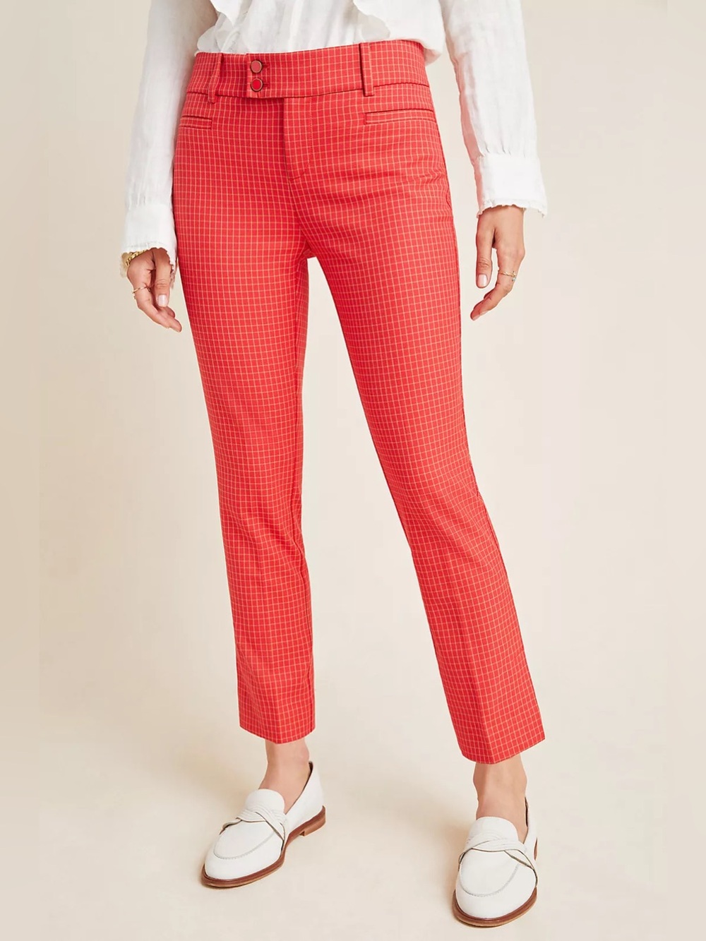 Anthropologie The Essential Slim‎ Pants Size 6 Red Gingham Plaid Grid Pattern